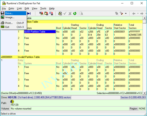 DiskExplorer: Klicken auf File—>Drive