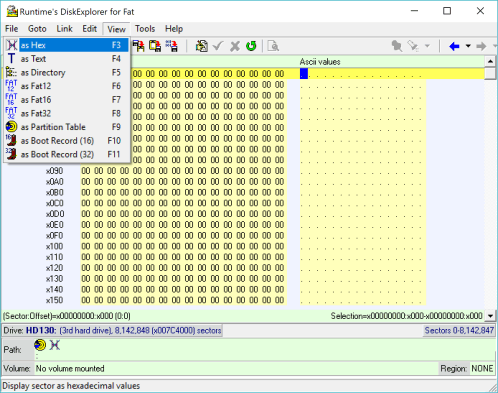 DiskExplorer: Wechsel der Ansicht zu Hex